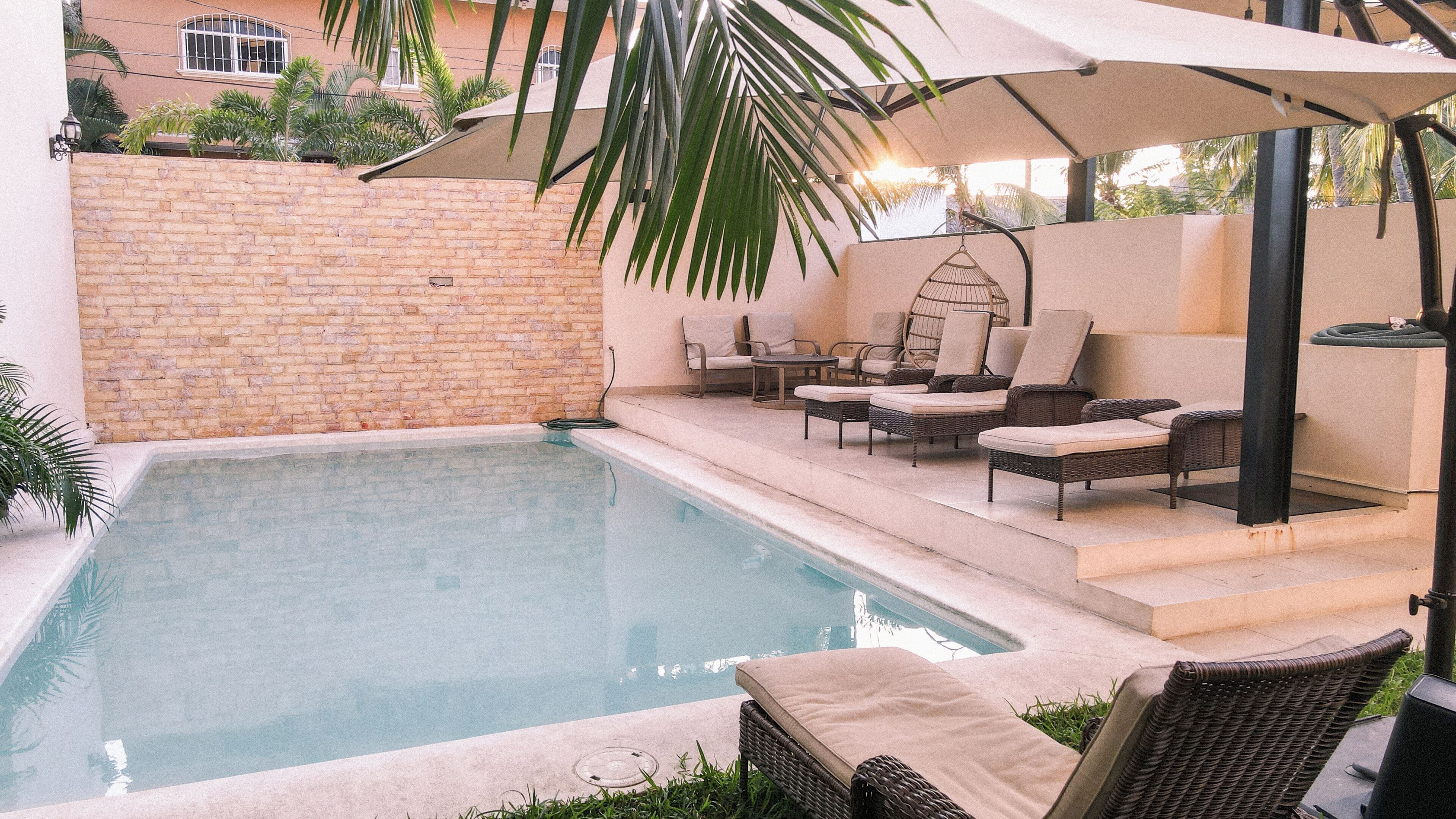 Une piscine entourée d’un mur de briques et de verdure, avec des chaises longues et des parasols.