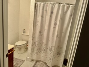Hair dryer, towels, soap, shampoo