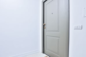 Une porte fermée avec un simple loquet, un interrupteur et un thermostat fixés au mur.