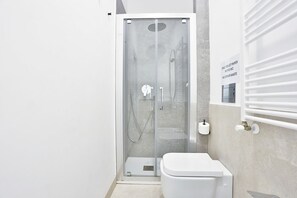 A modern bathroom with a glass-enclosed shower, a toilet, and a towel rack.