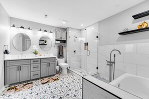 Hair dryer, towels, soap, shampoo