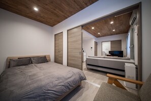 A bedroom with a bed, a sofa, a TV, and a mirror. - ASPIRE102 (Asahikawa)