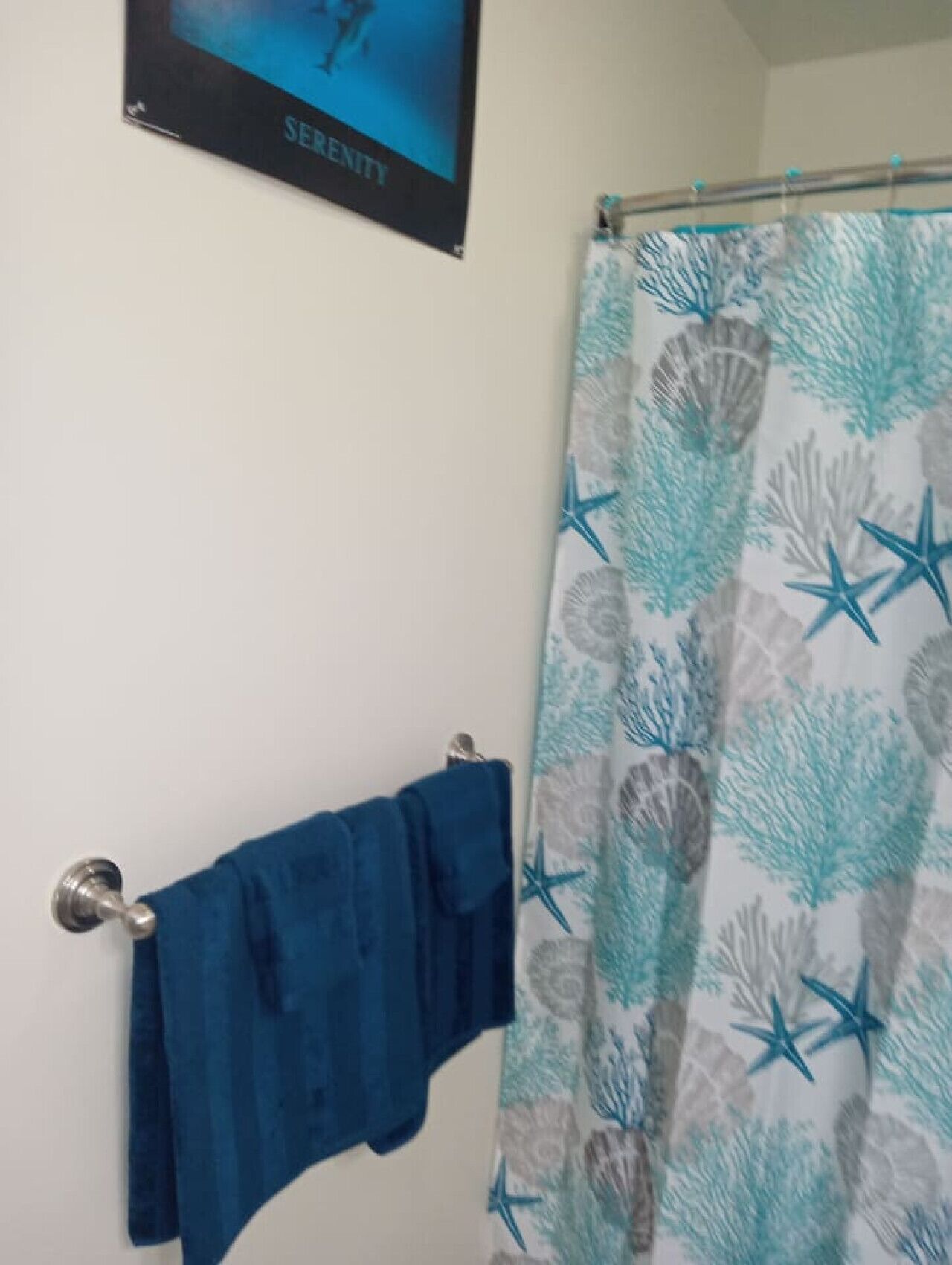 Ein Badezimmer mit einem blauen Handtuch, das an einem silbernen Handtuchhalter hängt, einem Duschvorhang mit Meeresmotiven und einem gerahmten Bild an der Wand mit dem Wort 'SERENITY'.