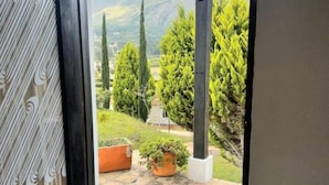 Vista desde una habitación con puerta corrediza de vidrio que da a un patio con plantas en macetas y un paisaje montañoso.