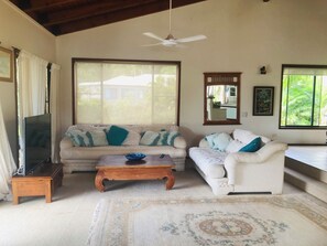 Una Smart TV, una chimenea, libros, una biblioteca de música