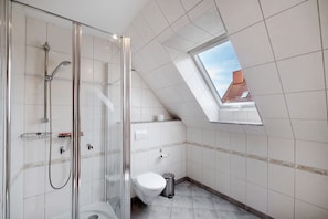 Shower, hair dryer, towels