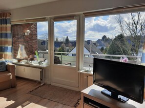 Ein Wohnzimmer mit großem Fenster, Fernseher und Heizkörper.