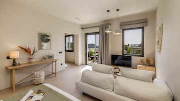 Suite junior, vista al mar | 1 habitación, ropa de cama de alta calidad y camas con efecto memoria