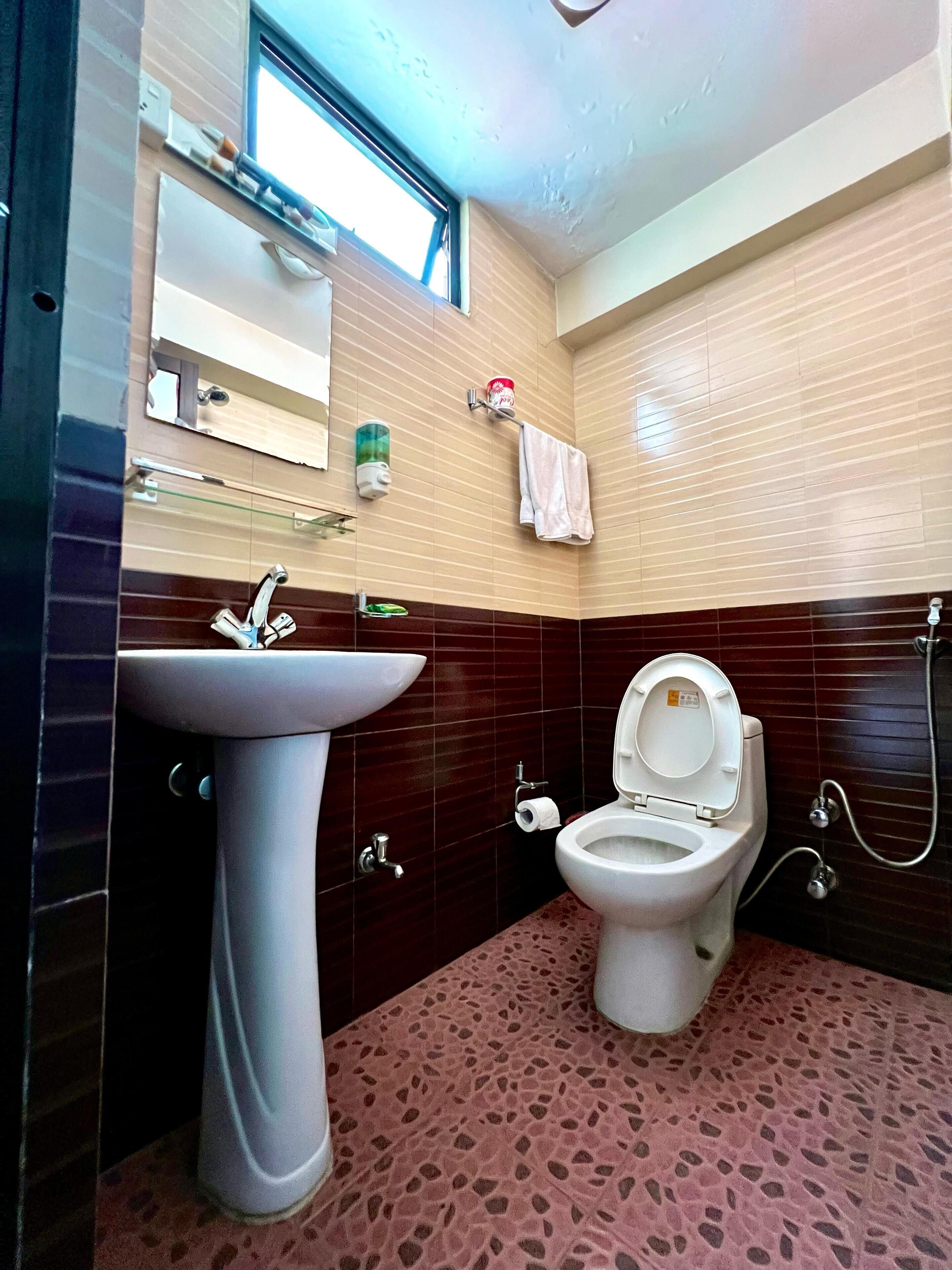 A bathroom with a pedestal sink, a toilet, a mirror, and a towel rack.