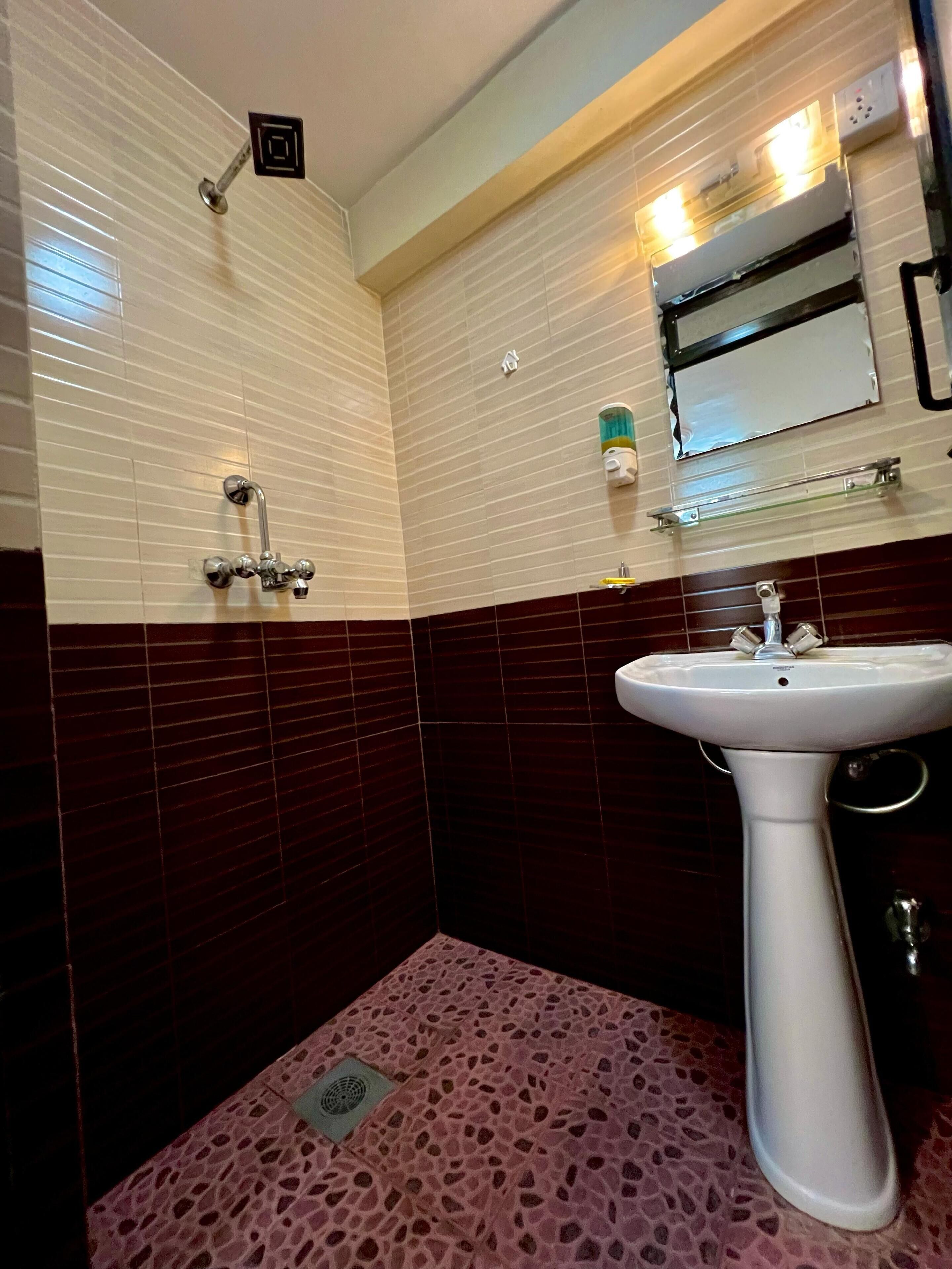 A bathroom with a white sink, a mirror, and a shower with a handheld showerhead.