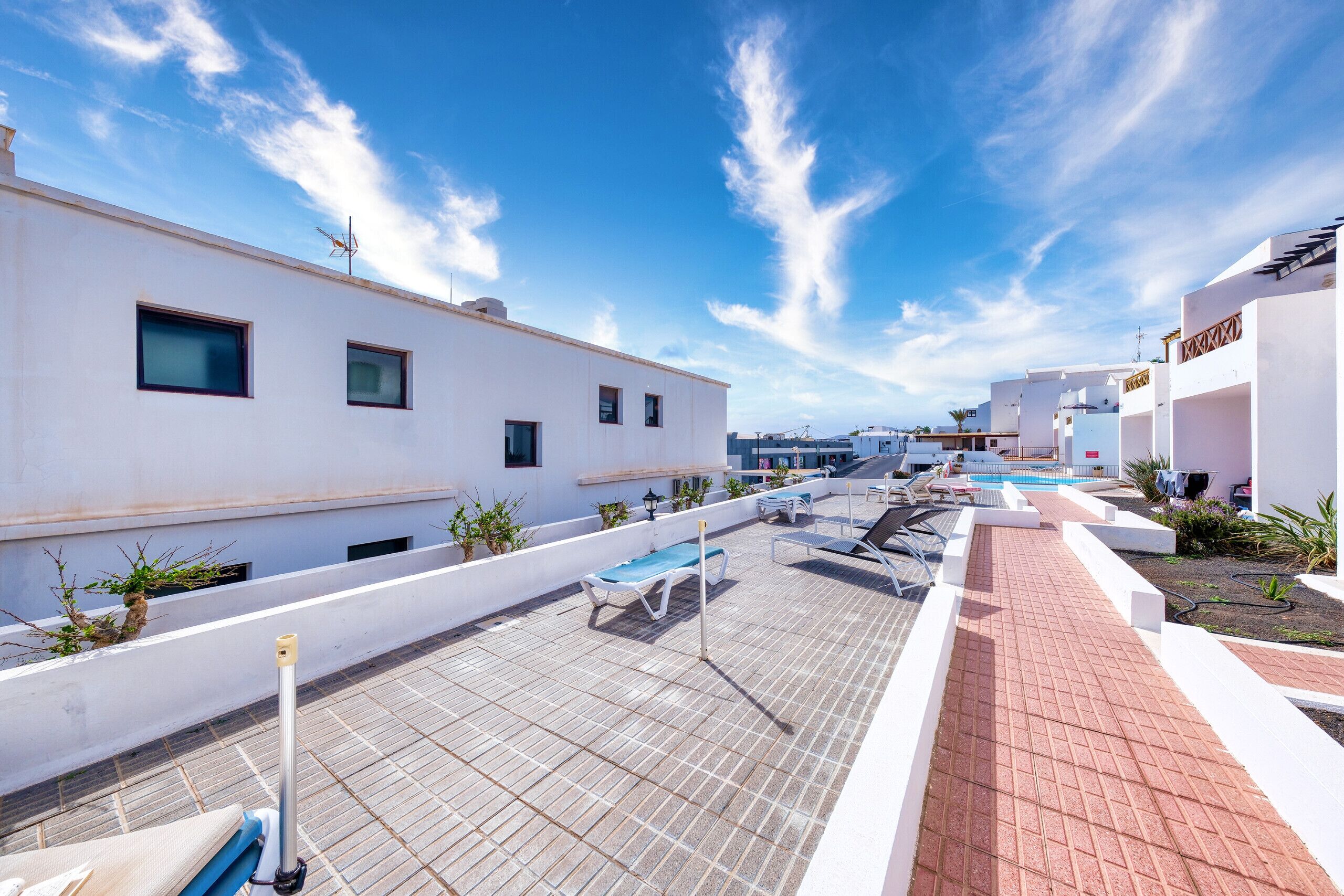 A rooftop terrace with a pool, sun loungers, and potted plants.