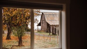 Une grange rustique avec un toit en métal, entourée d’une zone délimitée par une clôture et d’un arbre aux feuilles d’automne.