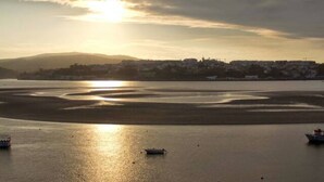 Un paisaje costero con una masa de agua, barcos y una costa distante con edificios.