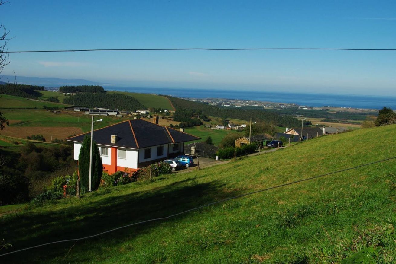 A rural landscape with a house on a hill, a car parked in front, and a distant view of the sea.