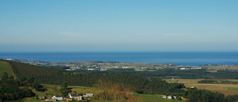 Eine Küstenlandschaft mit Häusern, einer Straße und Blick auf das Meer.