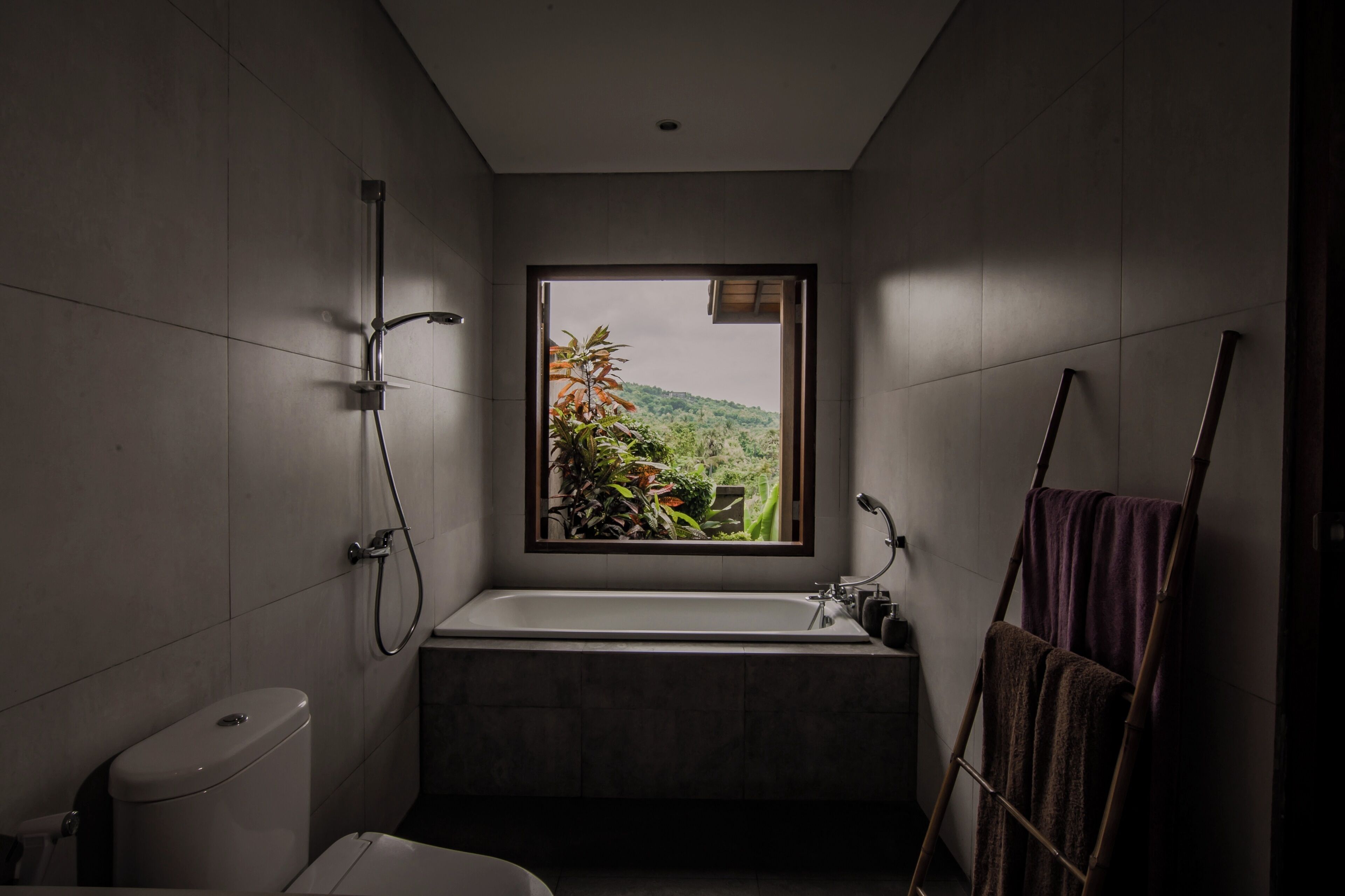 A bathroom with a bathtub, a shower, and a window with a view of greenery.
