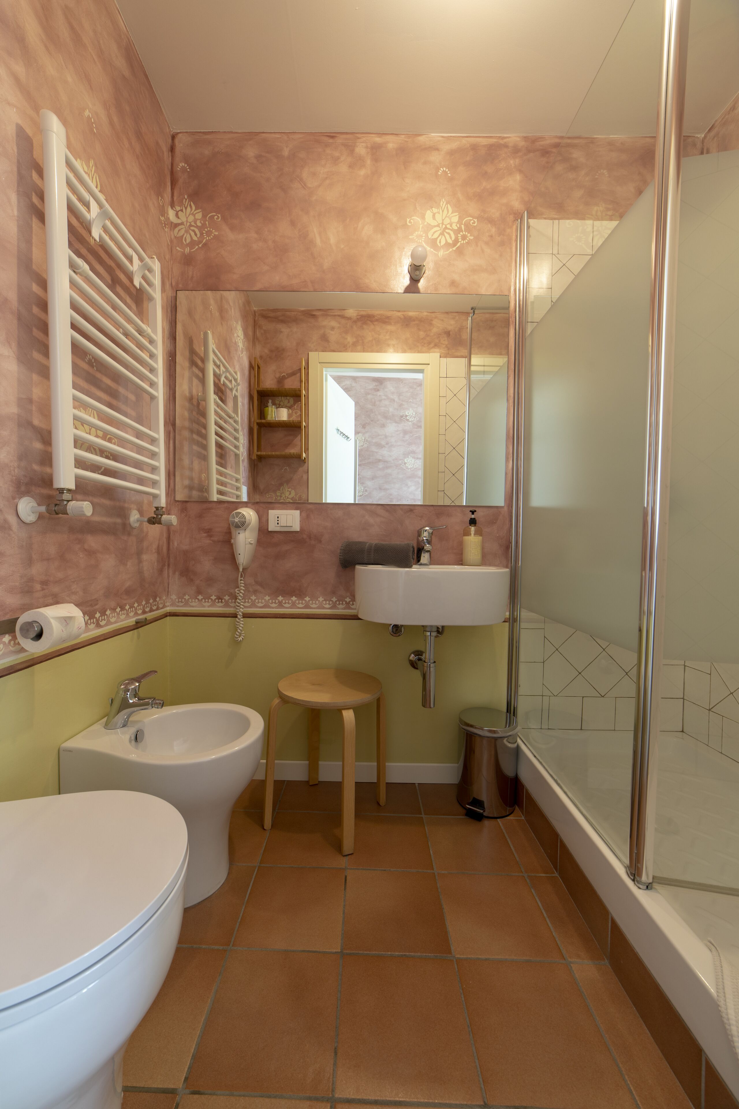 Shower, hair dryer, bidet, towels