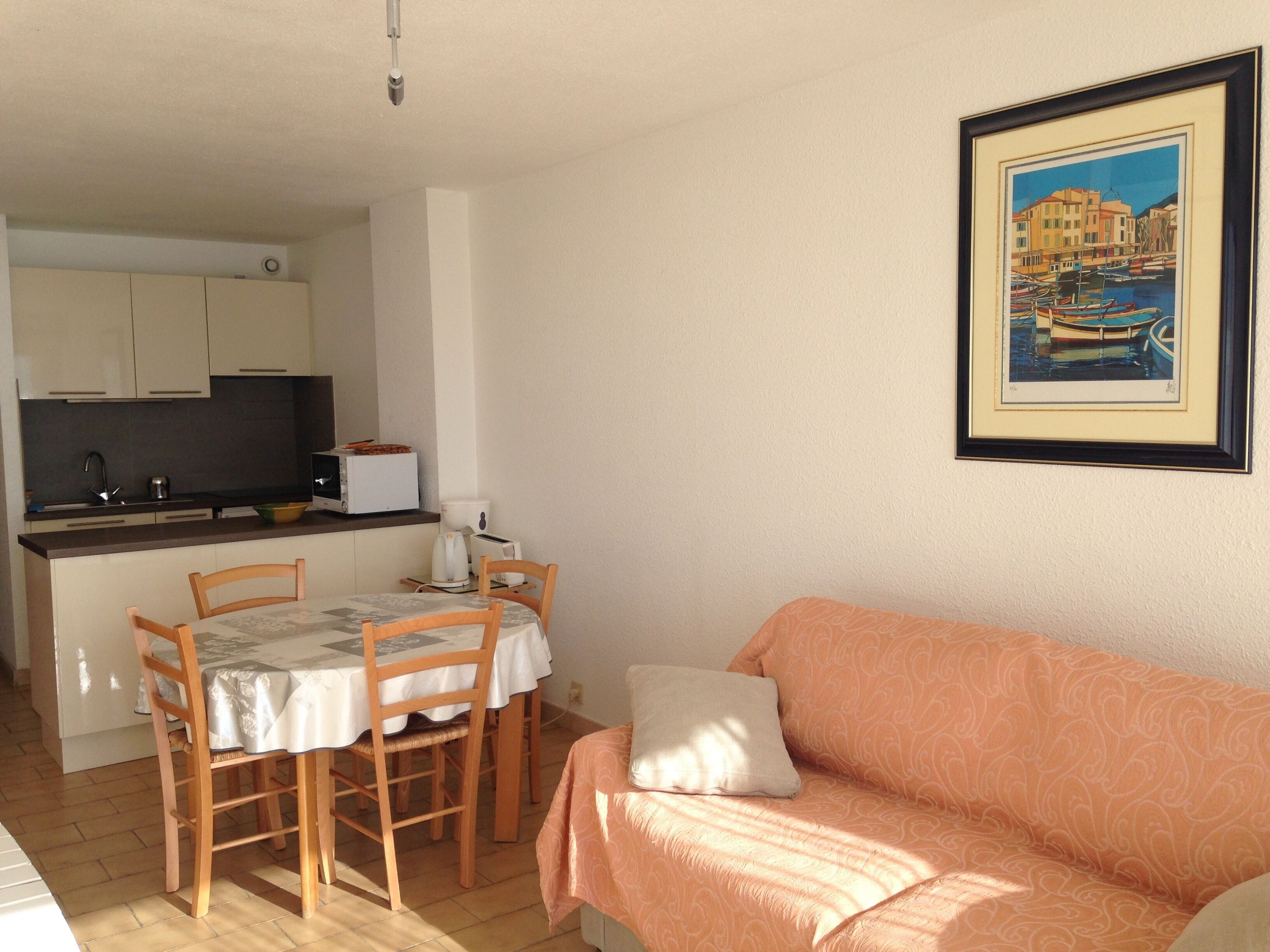 A compact living space with a dining area, kitchenette, and a sofa.