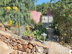 A garden pathway with a stone wall, yellow flowers, and a metal gate. - Bela Vista House - Quinta Amoreira (Loulé)