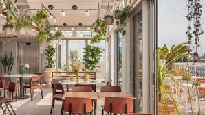 A modern outdoor dining area with tables and chairs, surrounded by potted plants and large windows. - Hôtel Vertime (Les Sables-d'Olonne)