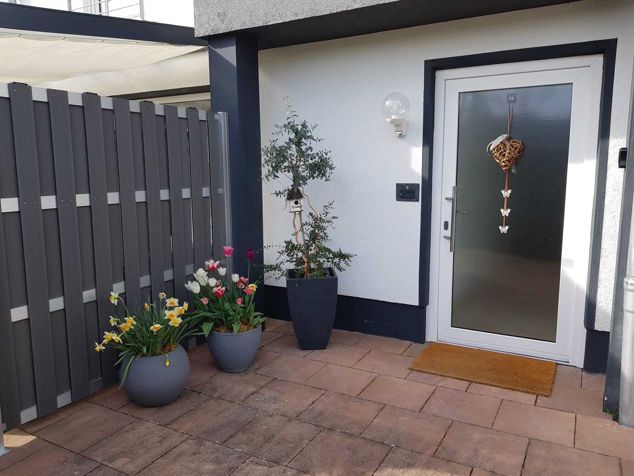 A modern building entrance with a grey fence, potted plants, and a decorative hanging ornament.
