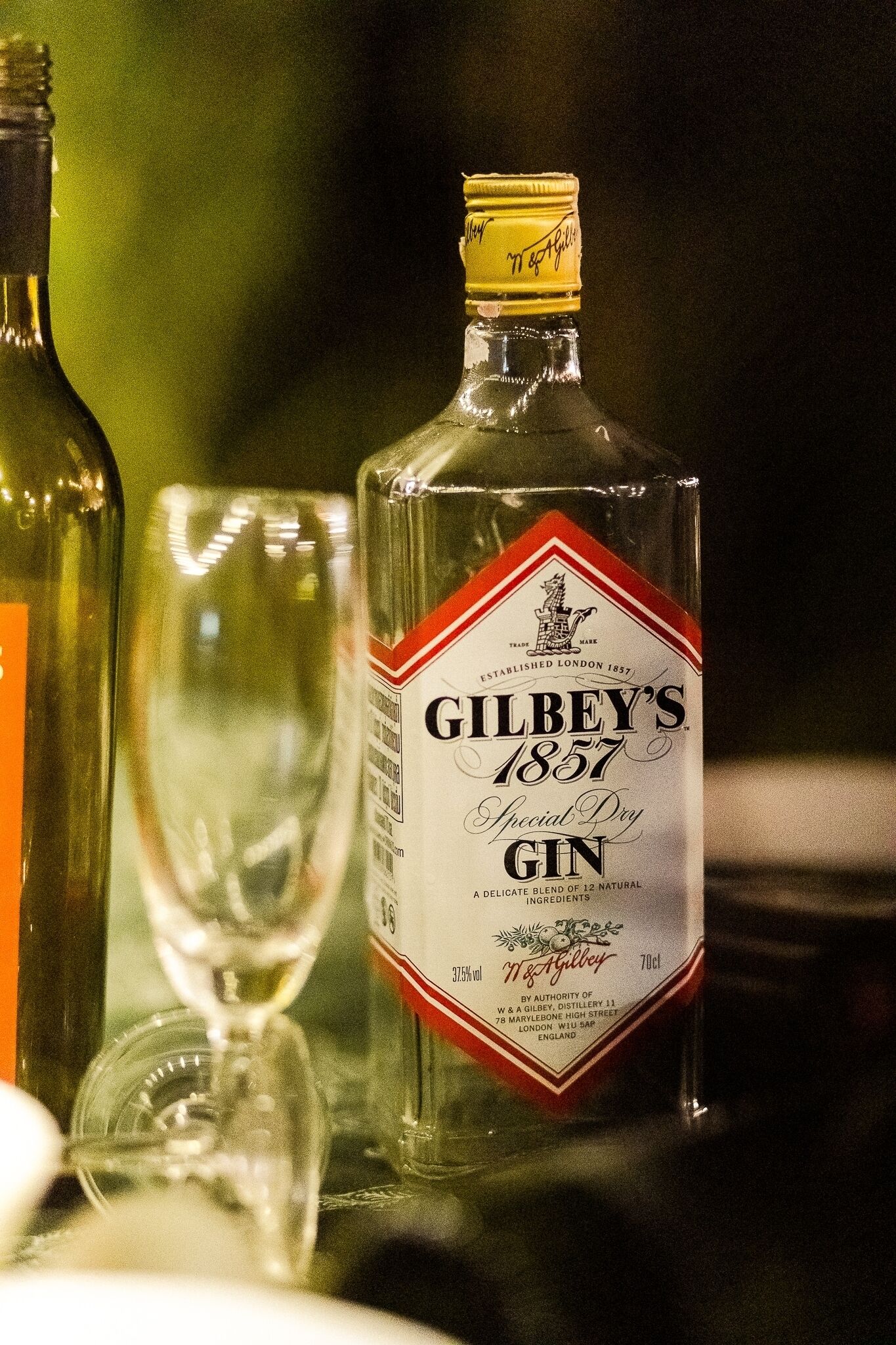 A bottle of Gilbey's 1857 Special Dry Gin and a clear glass.