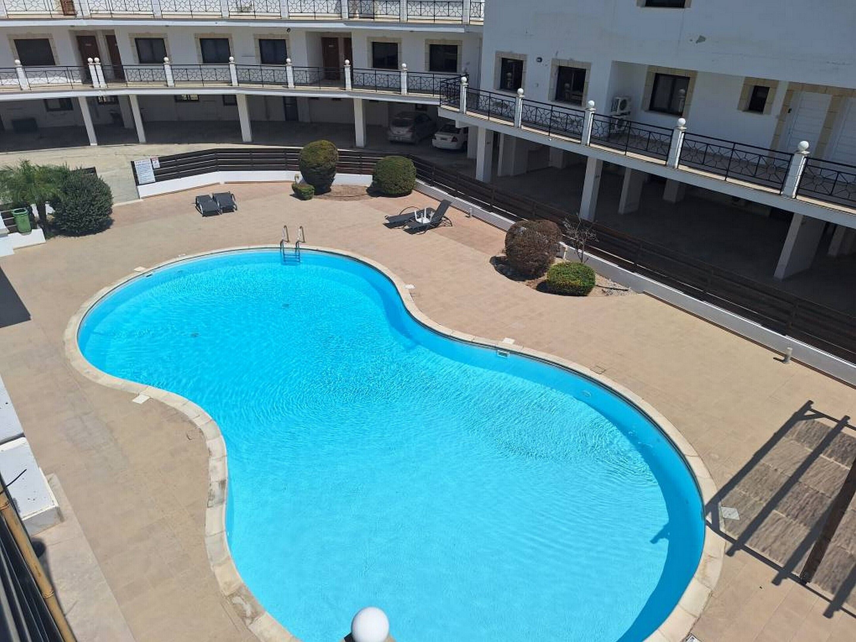 Une piscine à bord incurvé, entourée d’une zone pavée agrémentée de quelques arbustes et d’un petit pont.