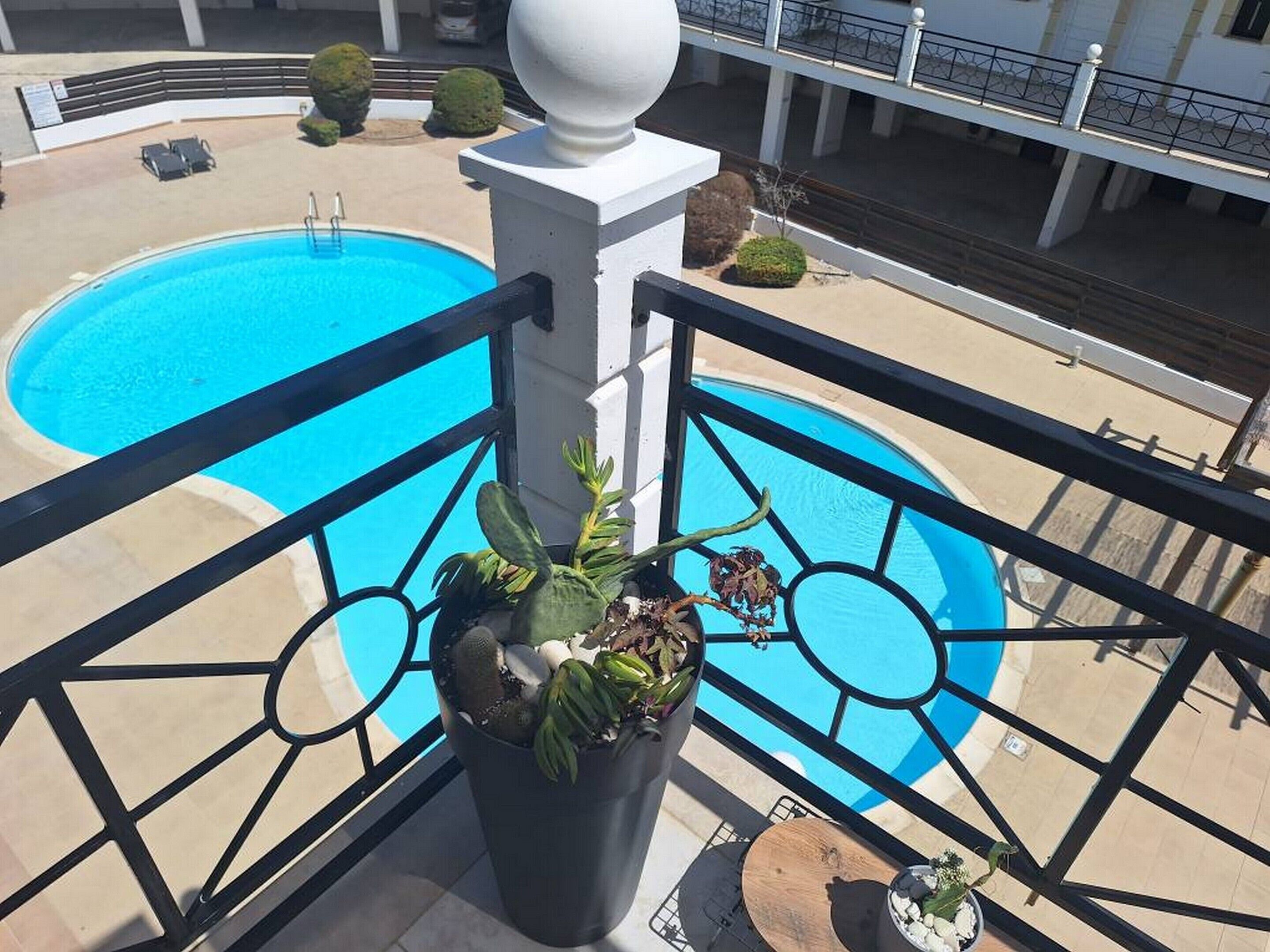 A balcony with a view of a swimming pool, a potted plant, and a wooden table.