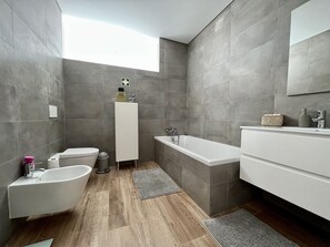 Shower, hair dryer, soap, shampoo