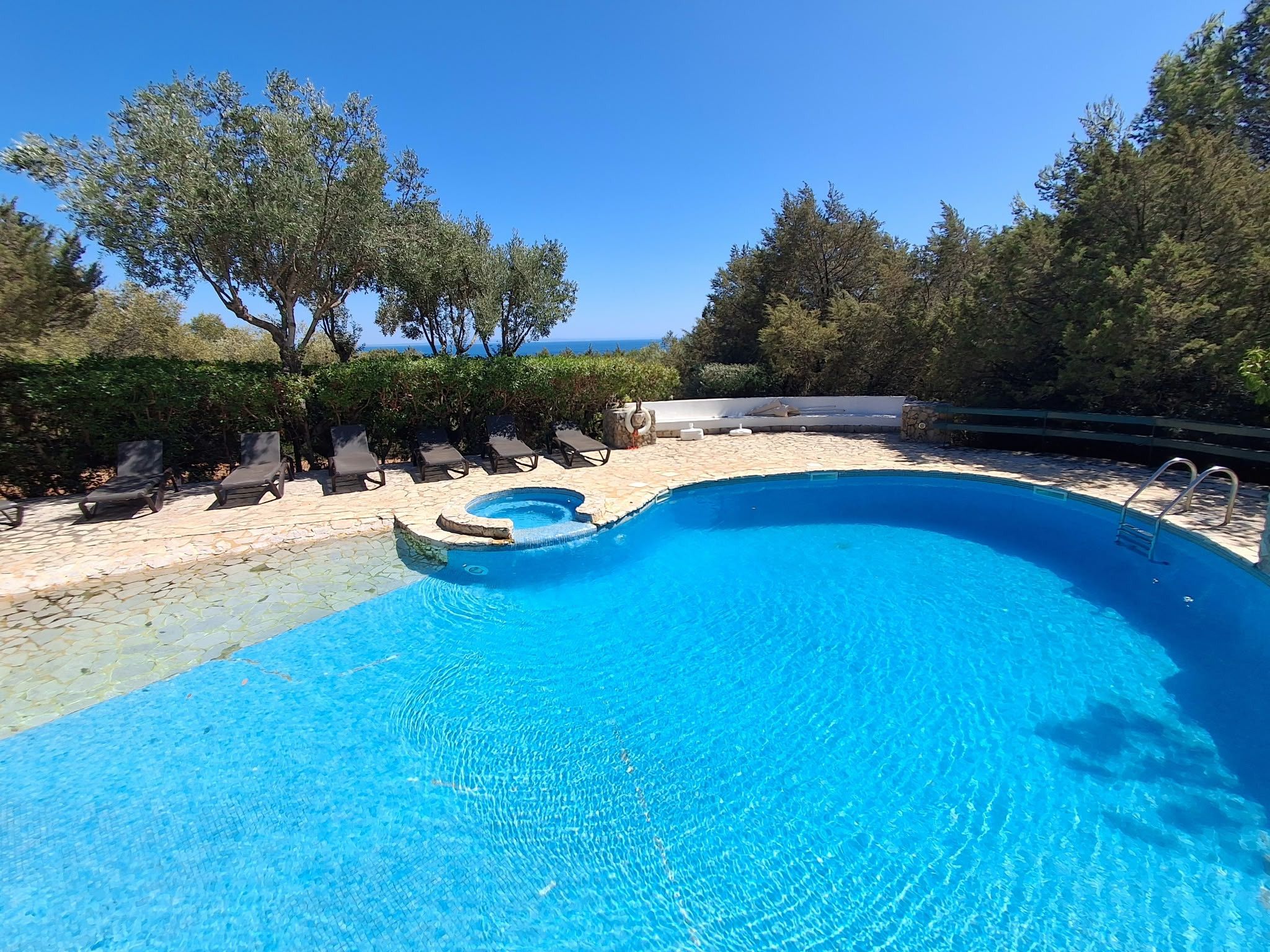 A clear blue swimming pool with a stone deck, surrounded by trees and a view of the sea.