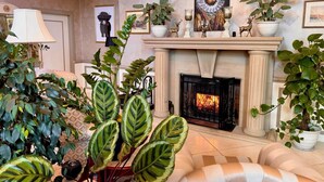 Un salon chaleureux avec une cheminée, des fauteuils confortables et diverses plantes décoratives.