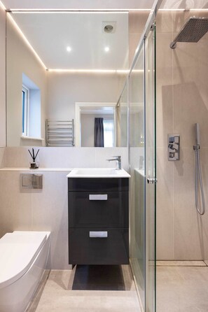 Shower, hair dryer, towels