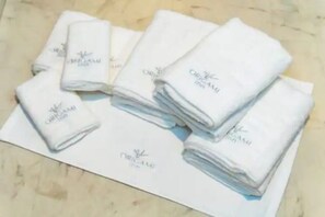 Hair dryer, towels, soap, toilet paper