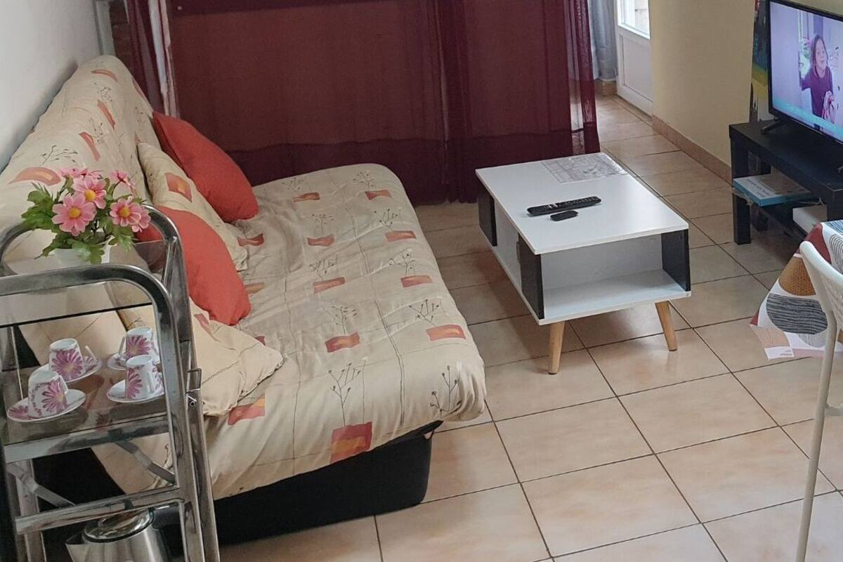 Een woonkamer met een bank, een salontafel, een televisie en een eethoek met stoelen en een tafel.