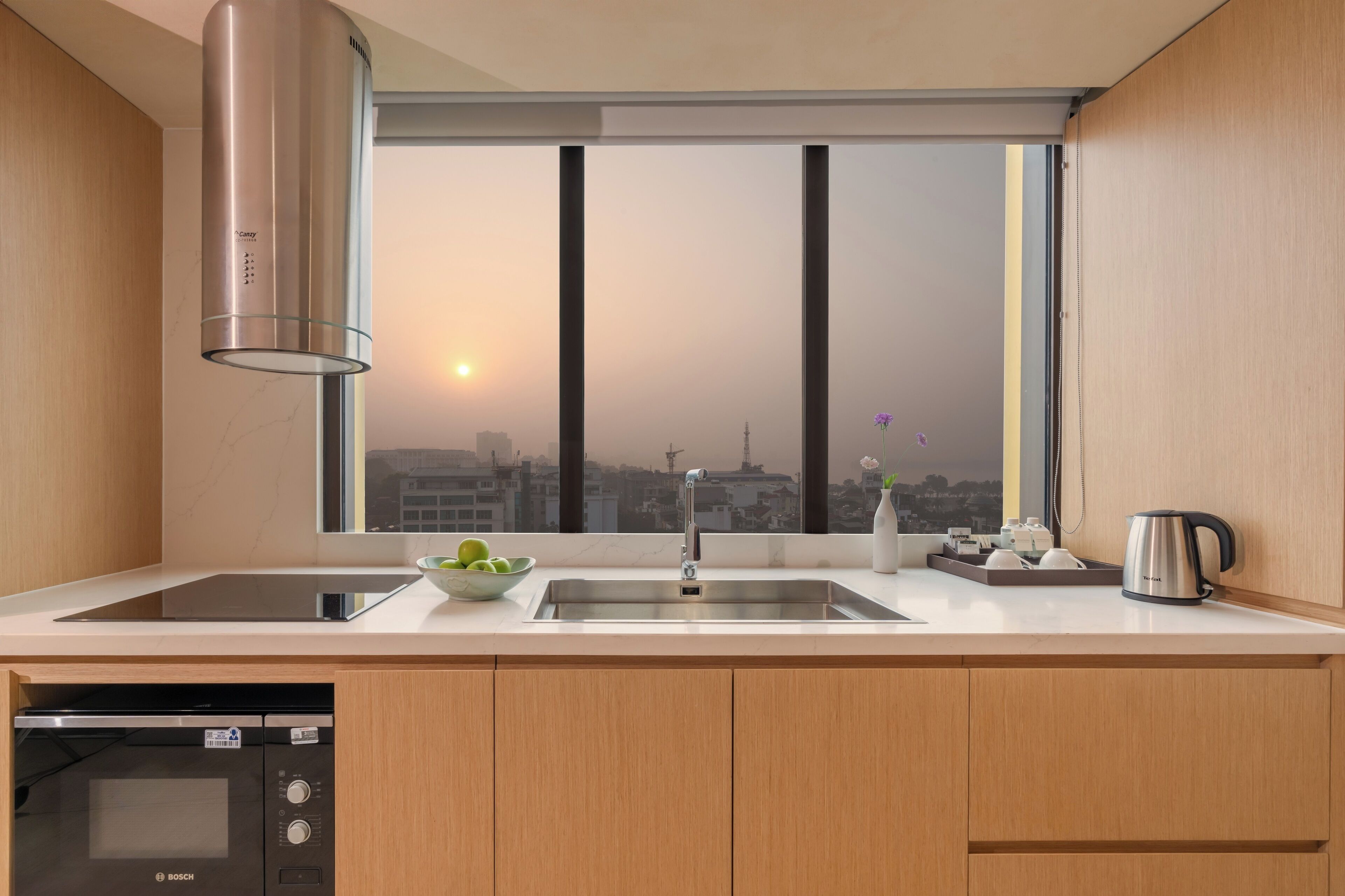 Panoramic Penthouse | Private kitchen | Full-size fridge, microwave, electric kettle, rice cooker