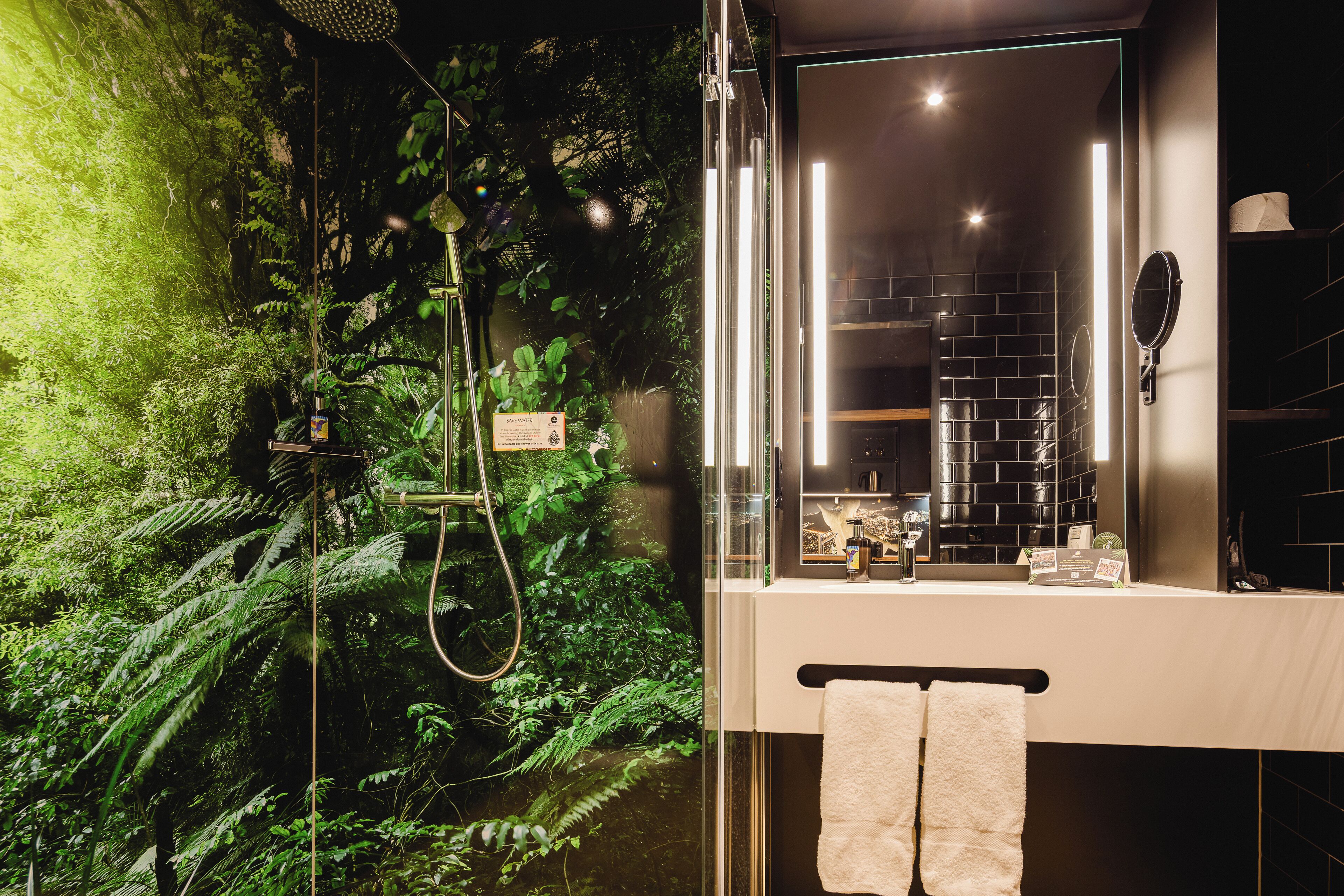 A modern bathroom with a glass-enclosed shower, a white sink, and a mirror.