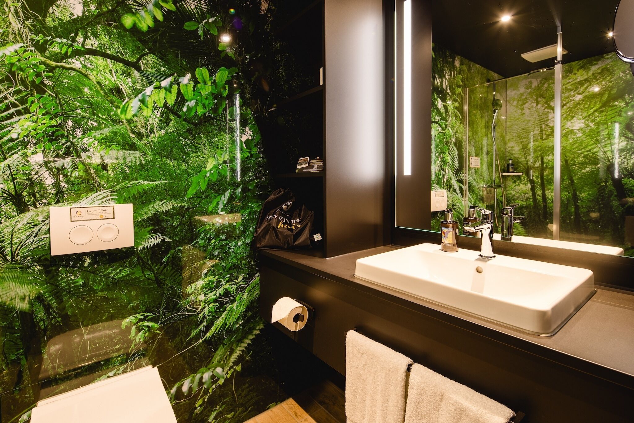 Un baño con un espejo grande, un lavabo y una ducha. Hay un perchero para toallas y un dispensador de papel higiénico. Las paredes están decoradas con plantas.