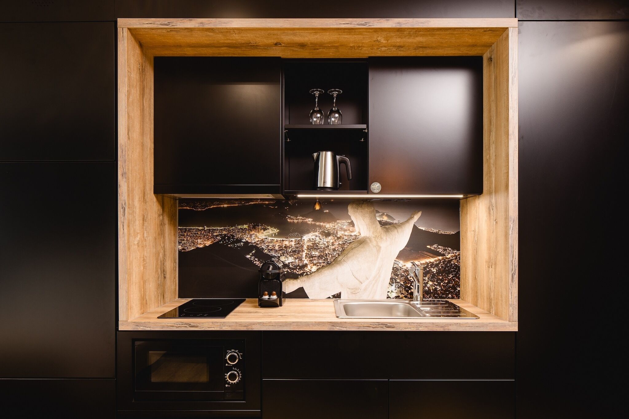 Großer Kühlschrank, Mikrowelle, Herdplatte, Geschirrspüler