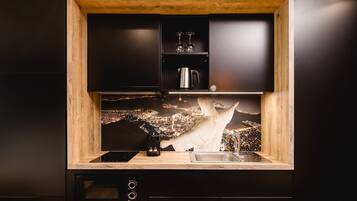Großer Kühlschrank, Mikrowelle, Herdplatte, Geschirrspüler