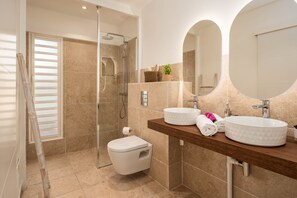 Shower, hair dryer, towels