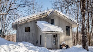 Una cabaña de madera con techo inclinado, rodeada de nieve y árboles.