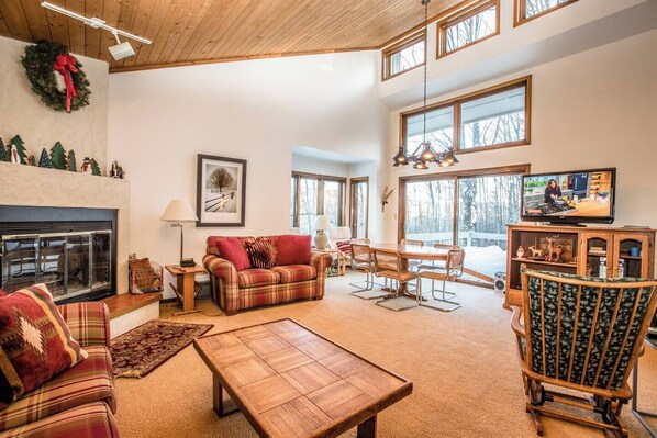 TV, fireplace, foosball