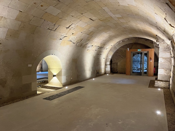 A stone-walled corridor with arched ceilings, a central walkway, and a wooden door at the end.