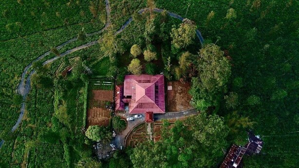 An aerial view of a house with a red roof, surrounded by dense greenery and a winding road.