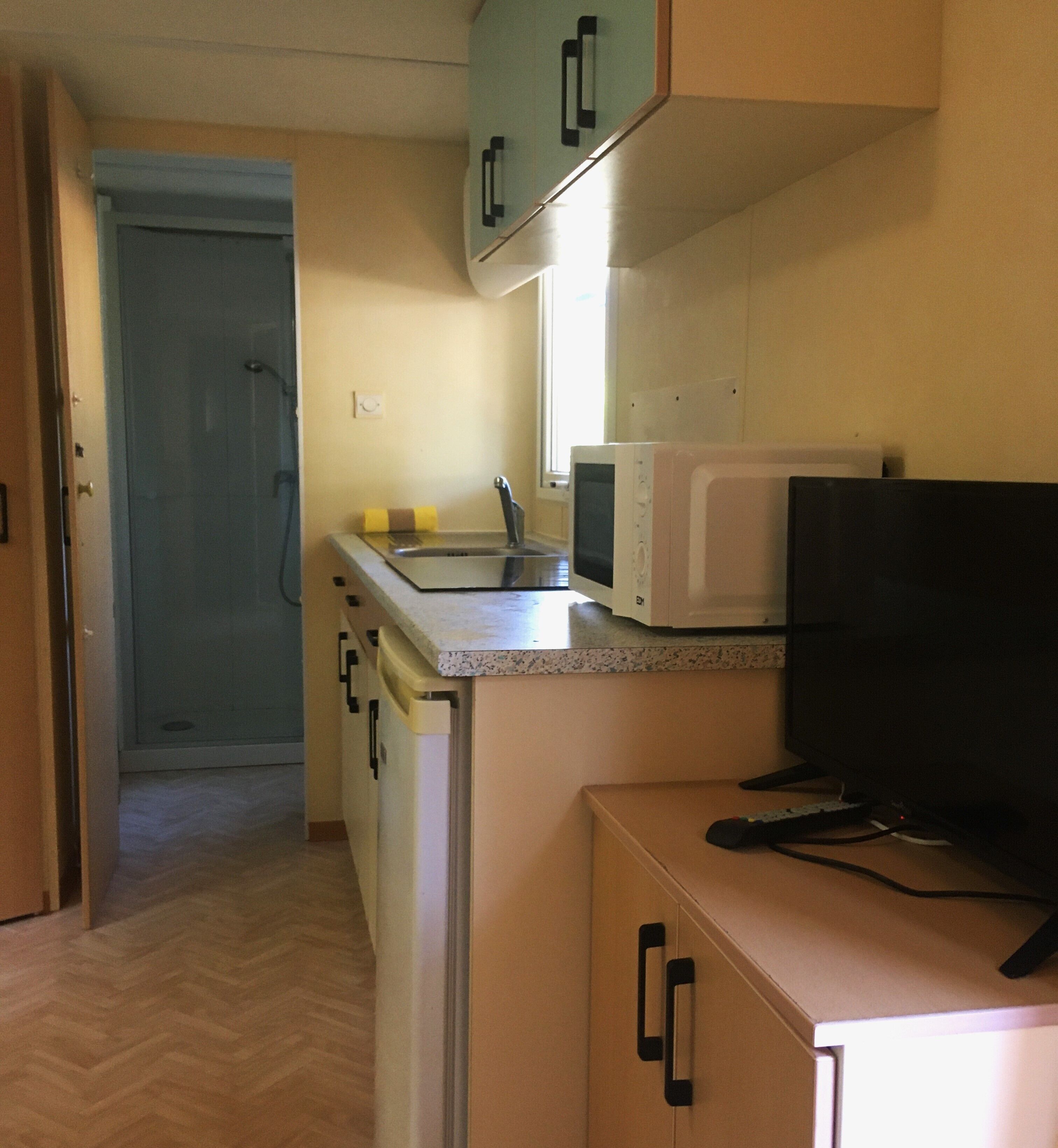 A compact kitchen with a microwave, sink, and a television on a cabinet.