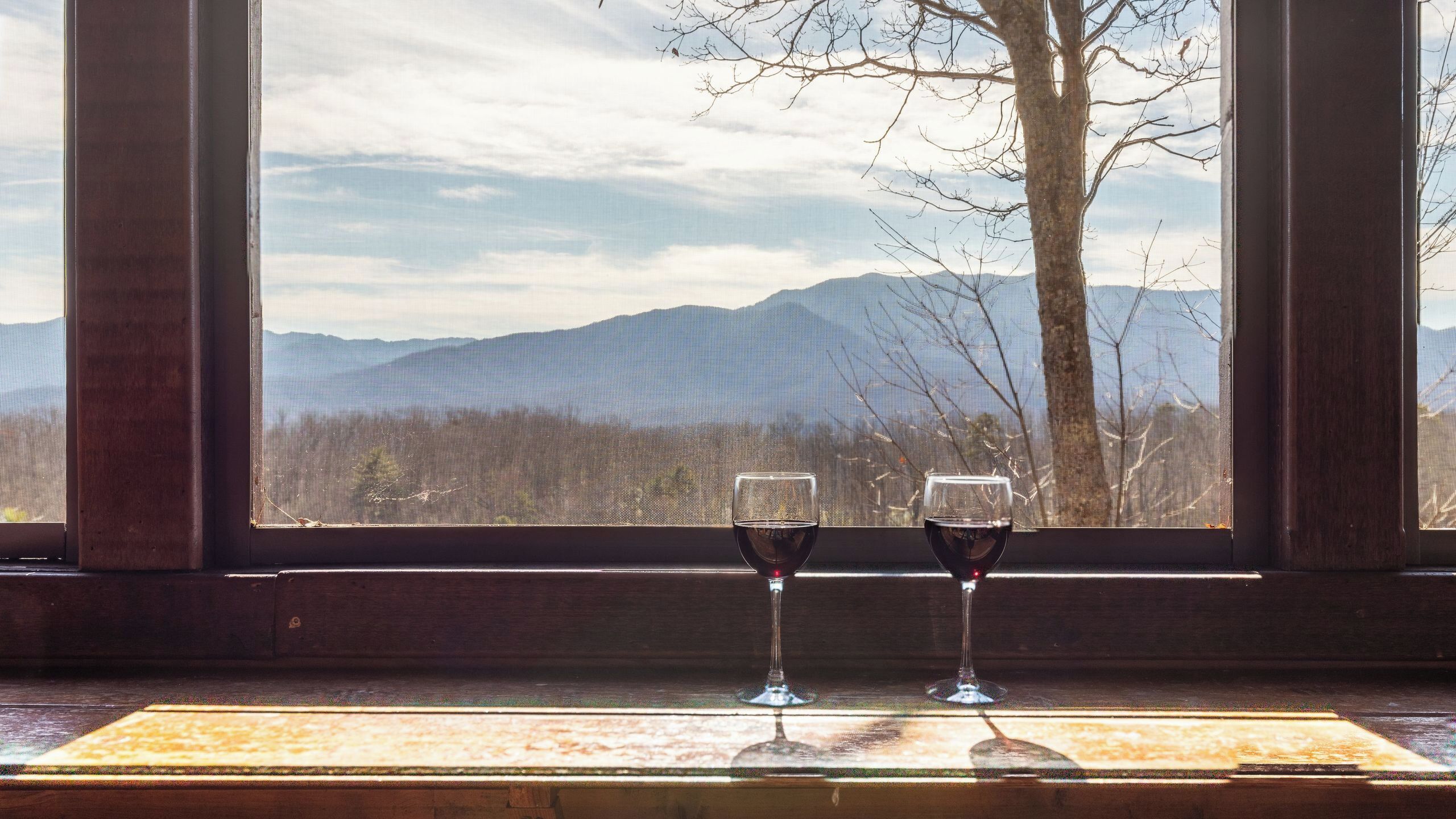 Two wine glasses on a windowsill with a view of mountains and a tree.
