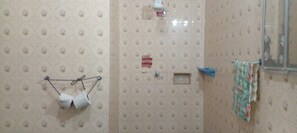 Huis | Badkamer | Een douche, een haardroger, handdoeken