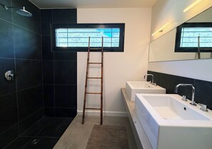 Hair dryer, towels, soap, shampoo