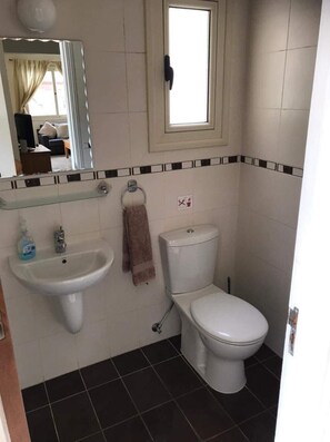 A bathroom with a white sink, a toilet, and a mirror.