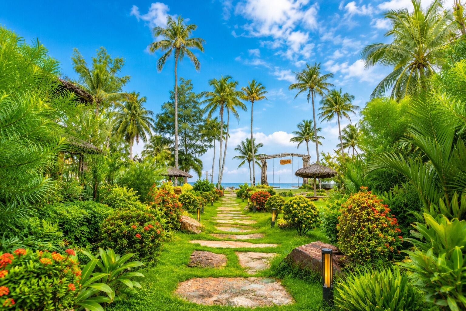 A tropical garden pathway leading to a beach with palm trees and a thatched-roof structure.
